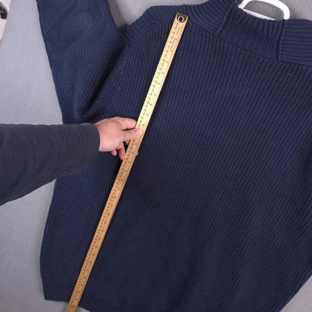 LL Bean XXL Tall Blue Cotton Shawl Neck Pullover Sweater Rib Knit Elbow Patches